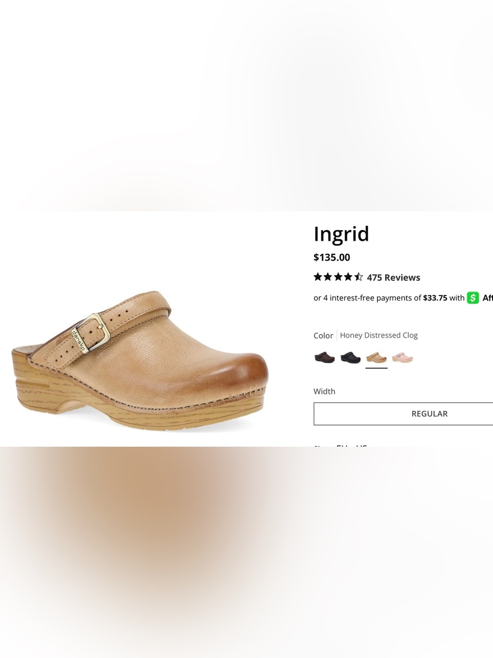Dansko Ingrid Honey Distressed Leather Clog Size 38